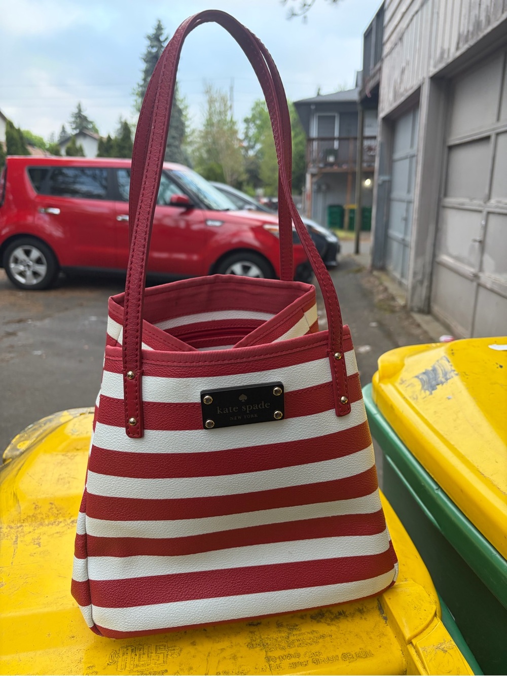 kate spade Red and White Striped Shoulder Bucket Bag